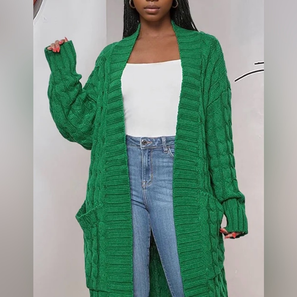 Rehab Lab floor length green cable cardigan, size Medium